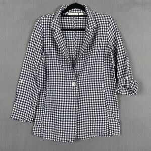 Cynthia Rowley Blazer Womens Medium Blue Check Linen Single-Breasted 3/4 Sleeve